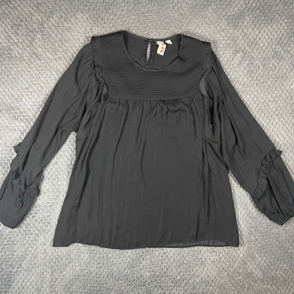 Dolan Left Coast Collection Black Smocked Ruffle Long Sleeve Blouse Large - Picture 6 of 12